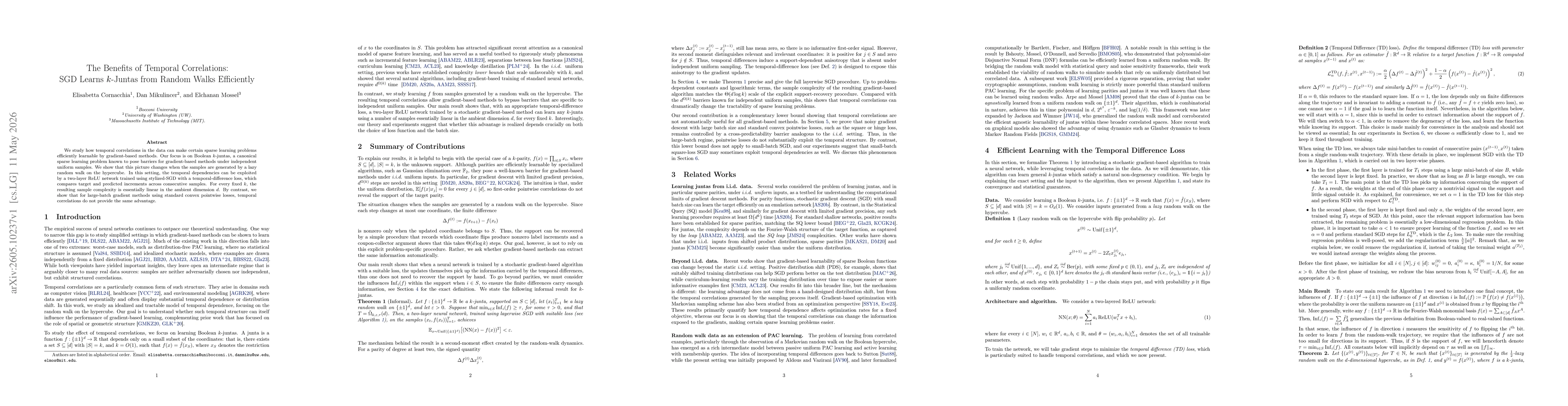 Thumbnail for The Benefits of Temporal Correlations: SGD Learns k-Juntas from Random Walks Efficiently