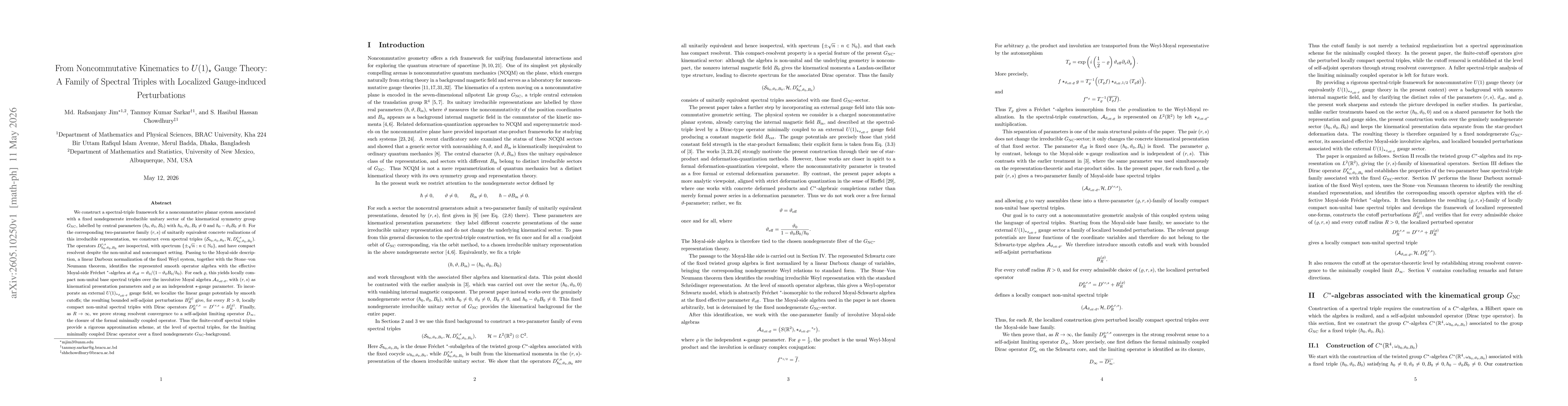 Thumbnail for From Noncommutative Kinematics to \(U(1)_{\star}\) Gauge Theory: A Family of Spectral Triples with Localized Gauge-induced Perturbations