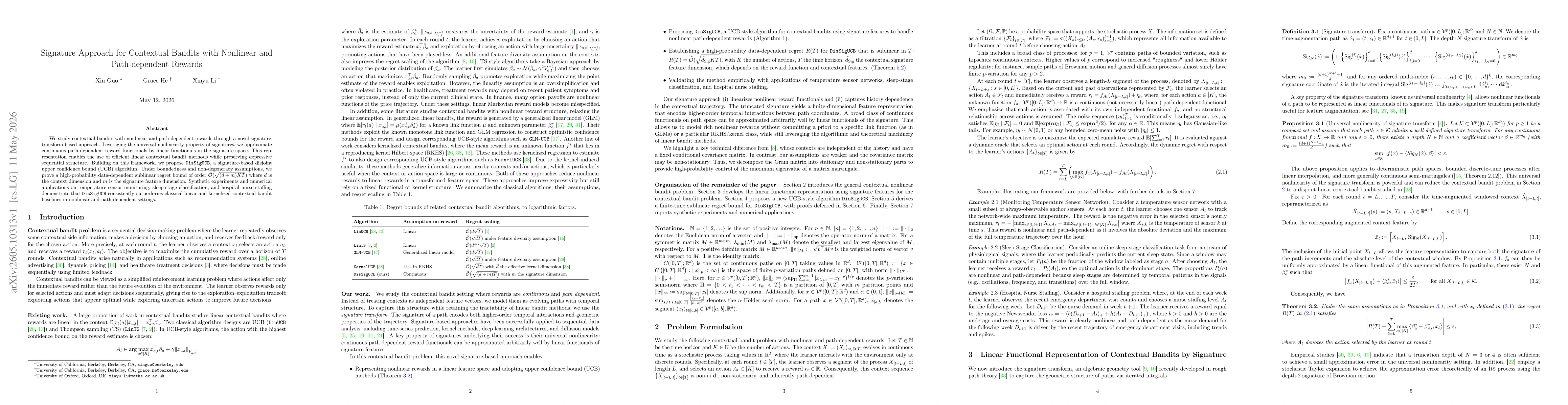 Thumbnail for Signature Approach for Contextual Bandits with Nonlinear and Path-dependent Rewards