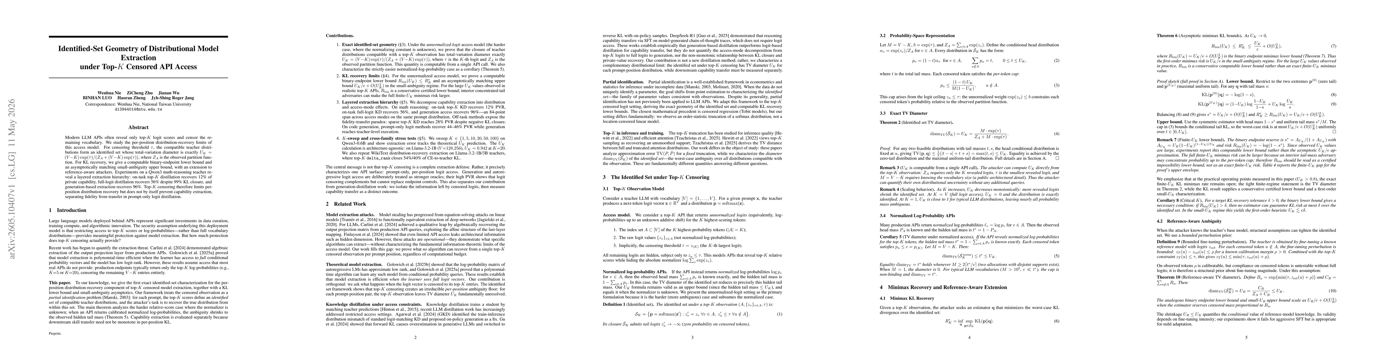 Thumbnail for Identified-Set Geometry of Distributional Model Extraction under Top-$K$ Censored API Access