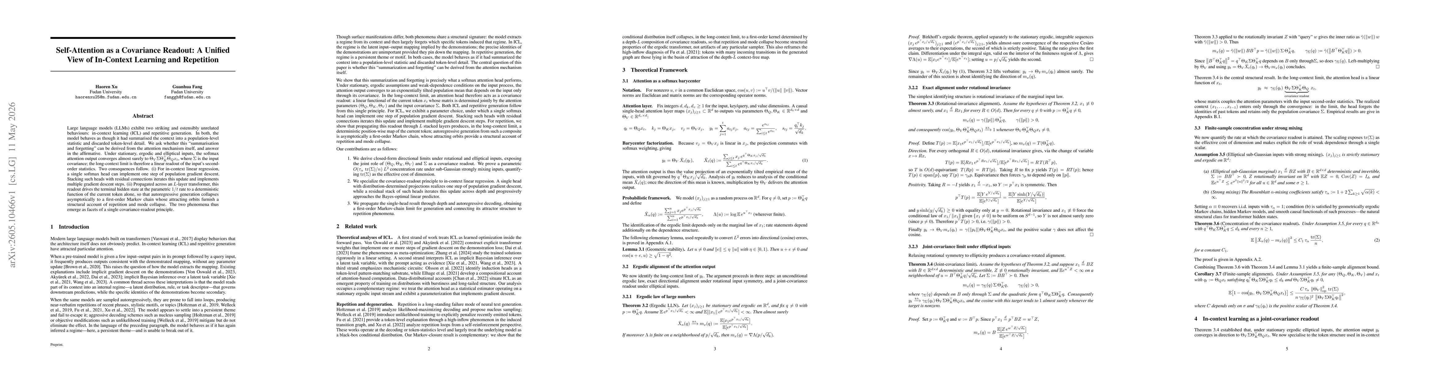 Thumbnail for Self-Attention as a Covariance Readout: A Unified View of In-Context Learning and Repetition