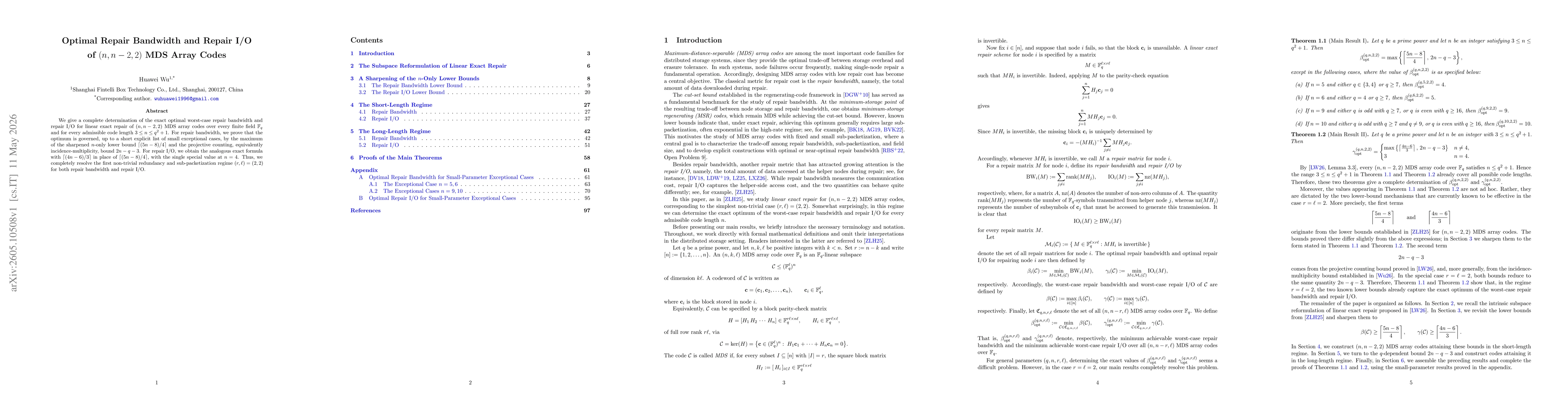 Thumbnail for Optimal Repair Bandwidth and Repair I/O of $(n,n-2,2)$ MDS Array Codes