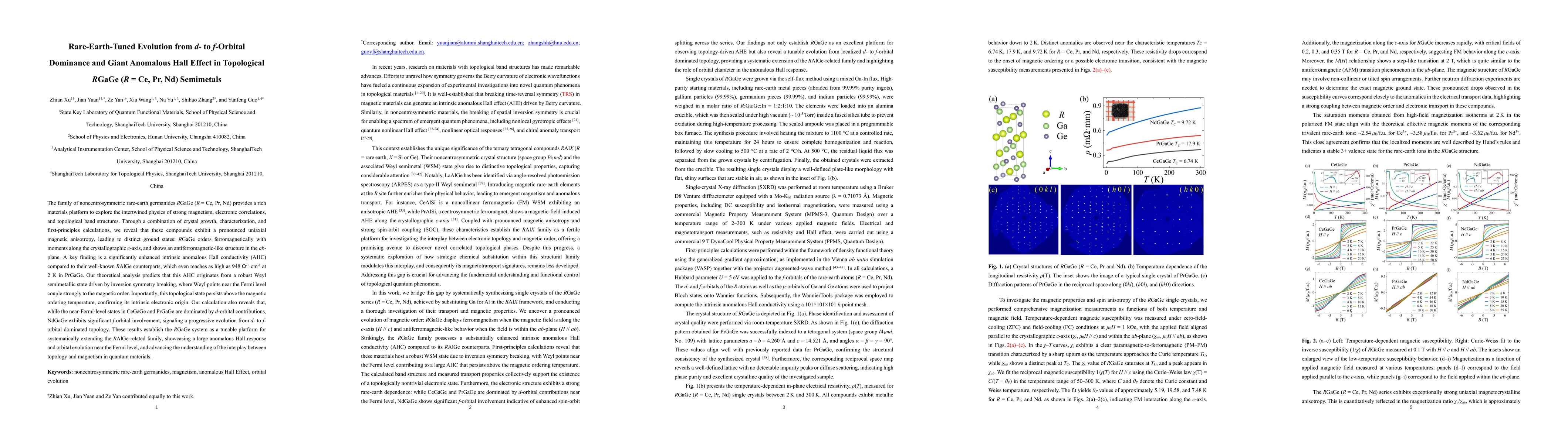 Thumbnail for Rare-Earth-Tuned Evolution from d- to f-Orbital Dominance and Giant Anomalous Hall Effect in Topological RGaGe (R = Ce, Pr, Nd) Semimetals
