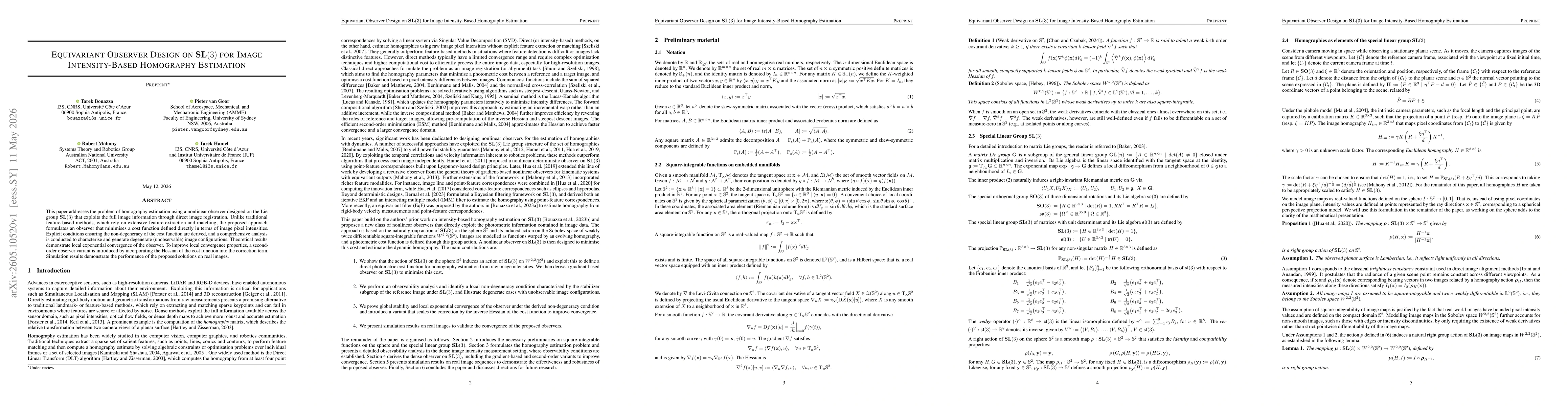 Thumbnail for Equivariant Observer Design on SL(3) for Image Intensity-Based Homography Estimation