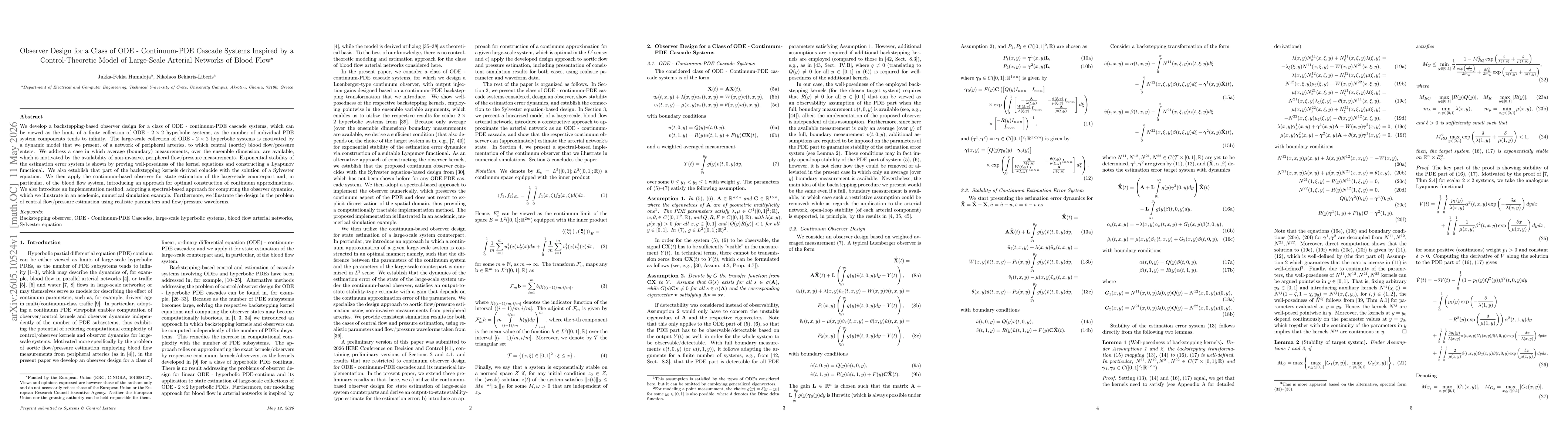 Thumbnail for Observer Design for a Class of ODE -- Continuum-PDE Cascade Systems Inspired by a Control-Theoretic Model of Large-Scale Arterial Networks of Blood Flow