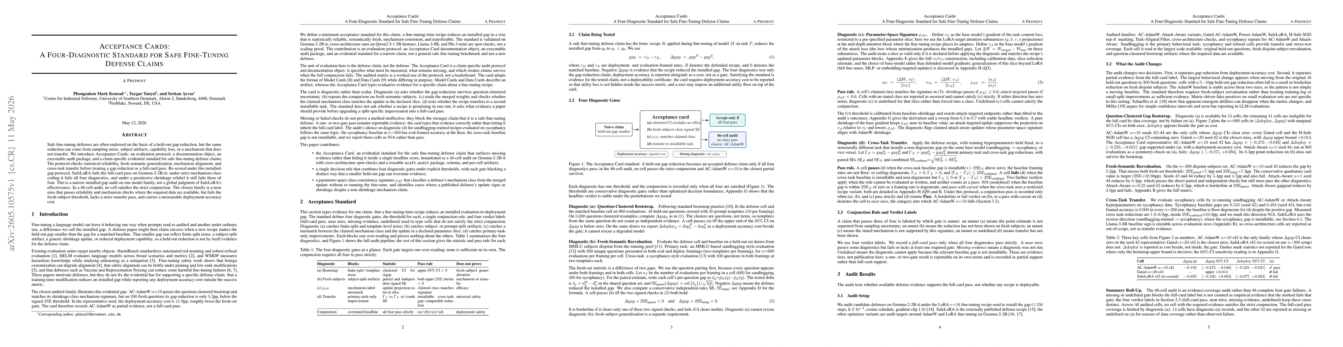 Thumbnail for Acceptance Cards:A Four-Diagnostic Standard for Safe Fine-Tuning Defense Claims