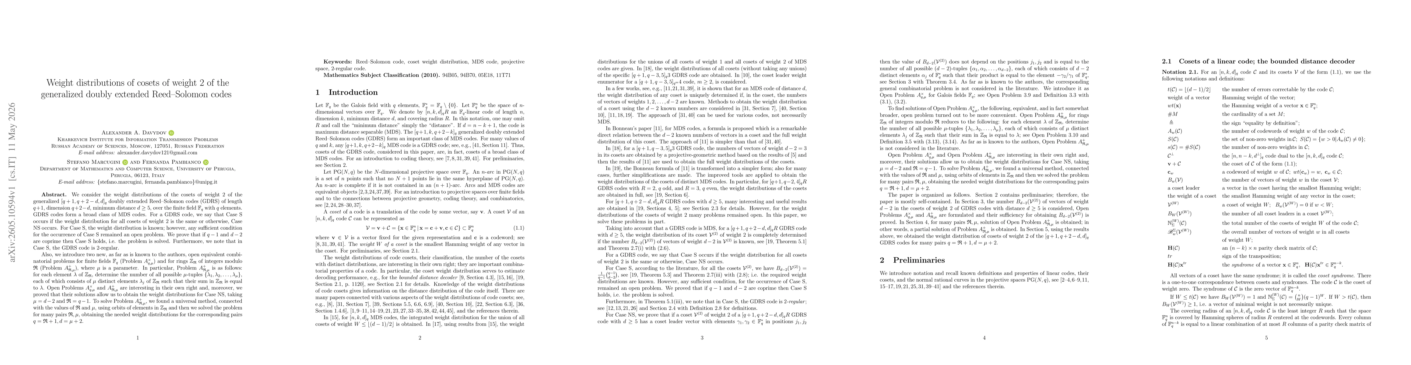 Thumbnail for Weight distributions of cosets of weight 2 of the generalized doubly extended Reed-Solomon codes