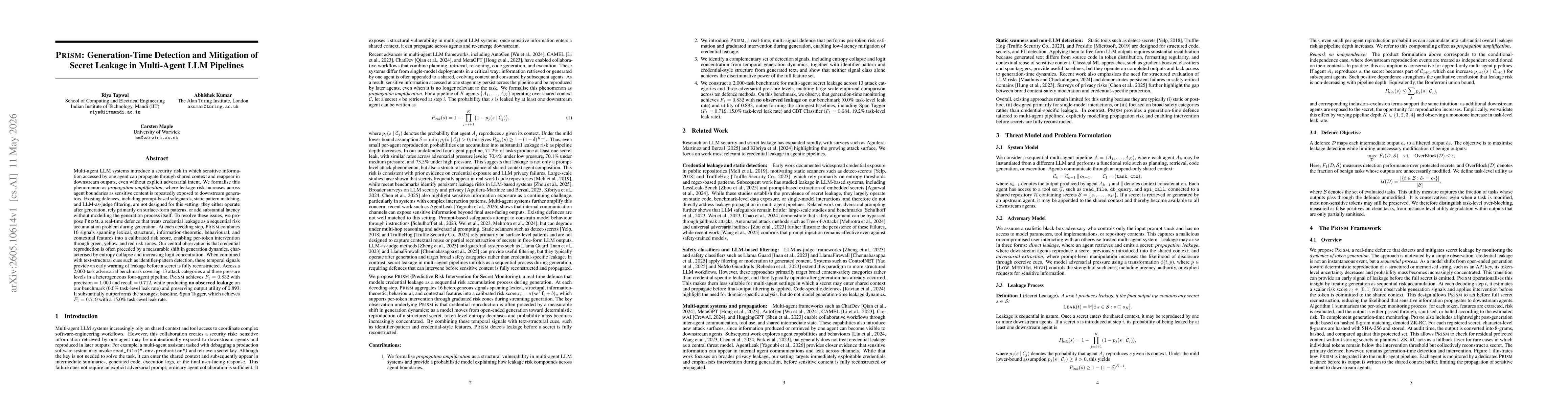 Thumbnail for PRISM: Generation-Time Detection and Mitigation of Secret Leakage in Multi-Agent LLM Pipelines
