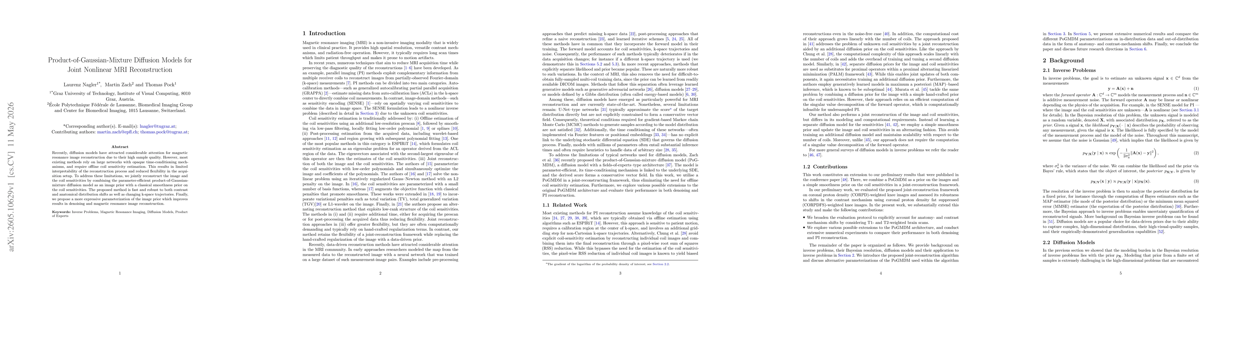 Thumbnail for Product-of-Gaussian-Mixture Diffusion Models for Joint Nonlinear MRI Reconstruction