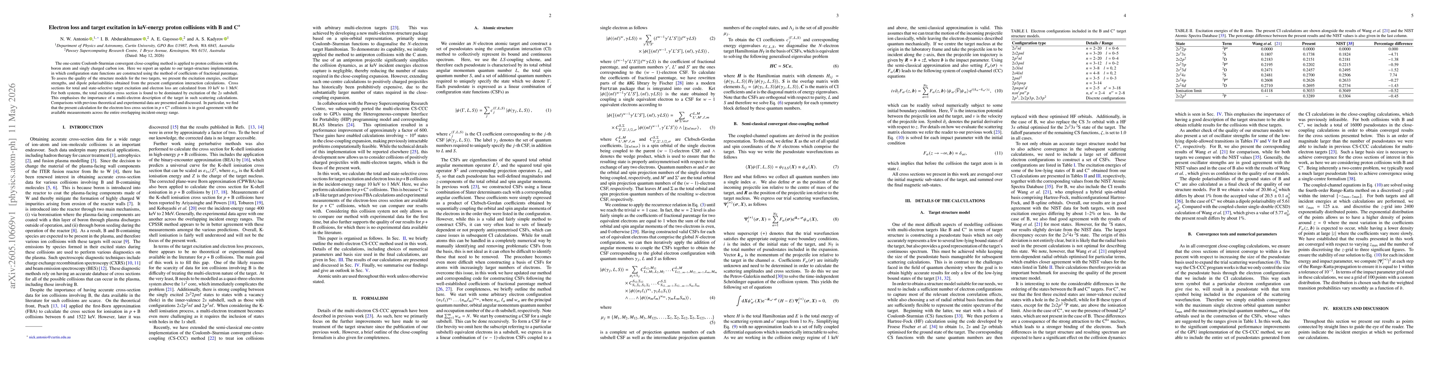 Thumbnail for Electron loss and target excitation in keV-energy proton collisions with B and C$^{+}$