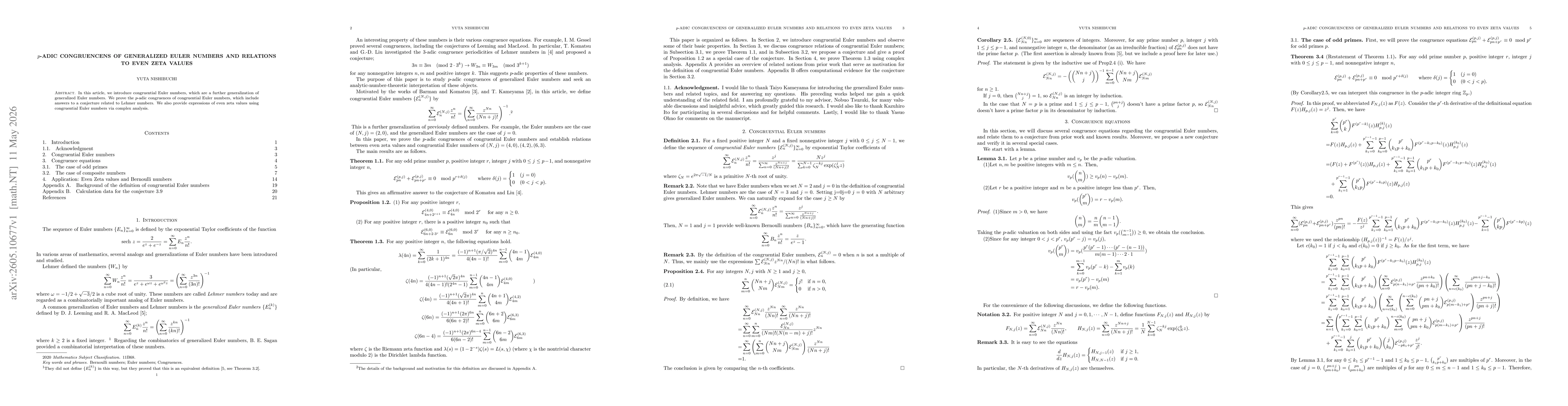 Thumbnail for $p$-adic Congruencens of Generalized Euler Numbers and Relations to Even Zeta Value