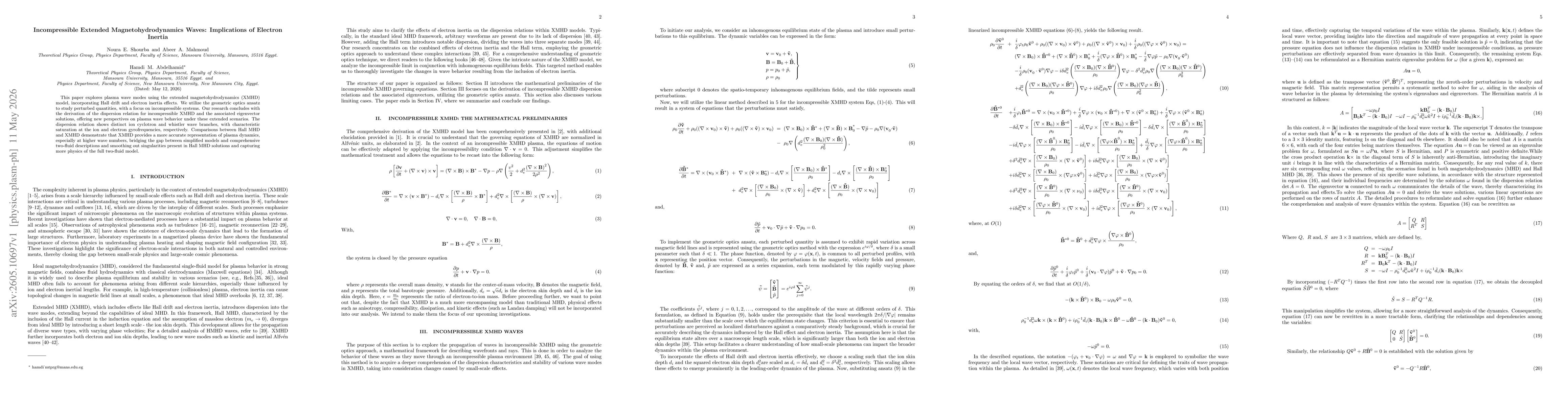 Thumbnail for Incompressible Extended Magnetohydrodynamics Waves: Implications of Electron Inertia
