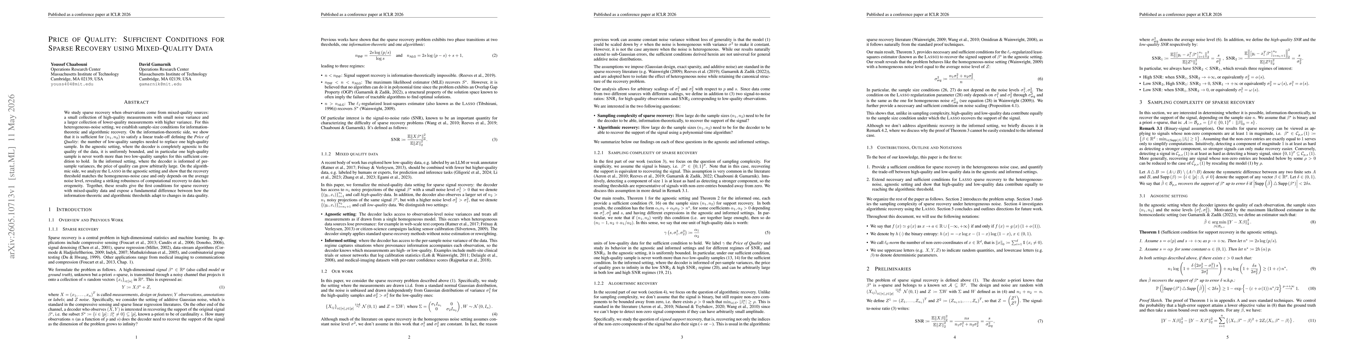 Thumbnail for Price of Quality: Sufficient Conditions for Sparse Recovery using Mixed-Quality Data