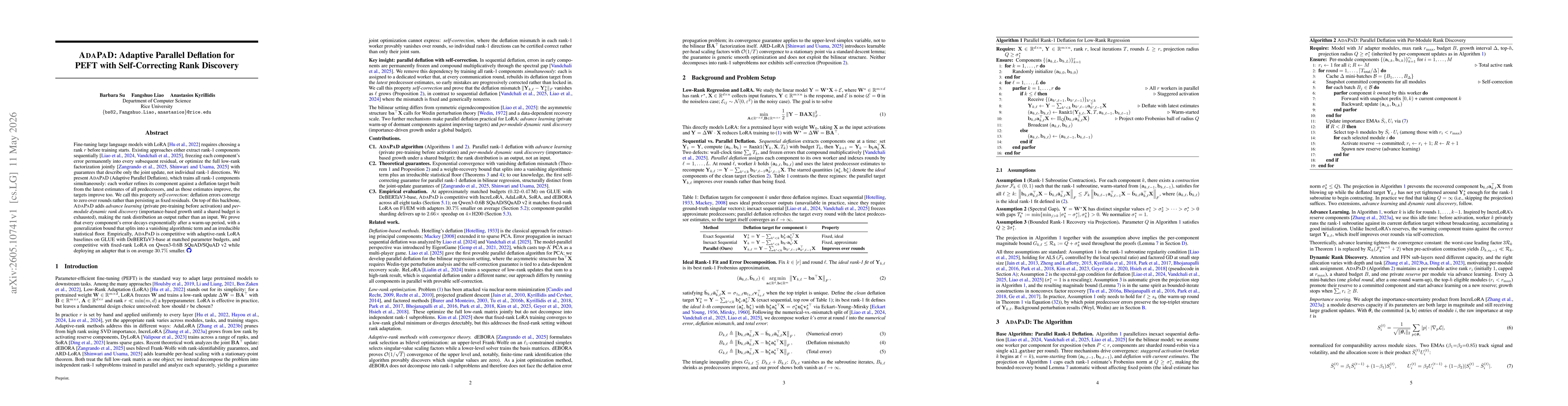 Thumbnail for AdaPaD: Adaptive Parallel Deflation for PEFT with Self-Correcting Rank Discovery