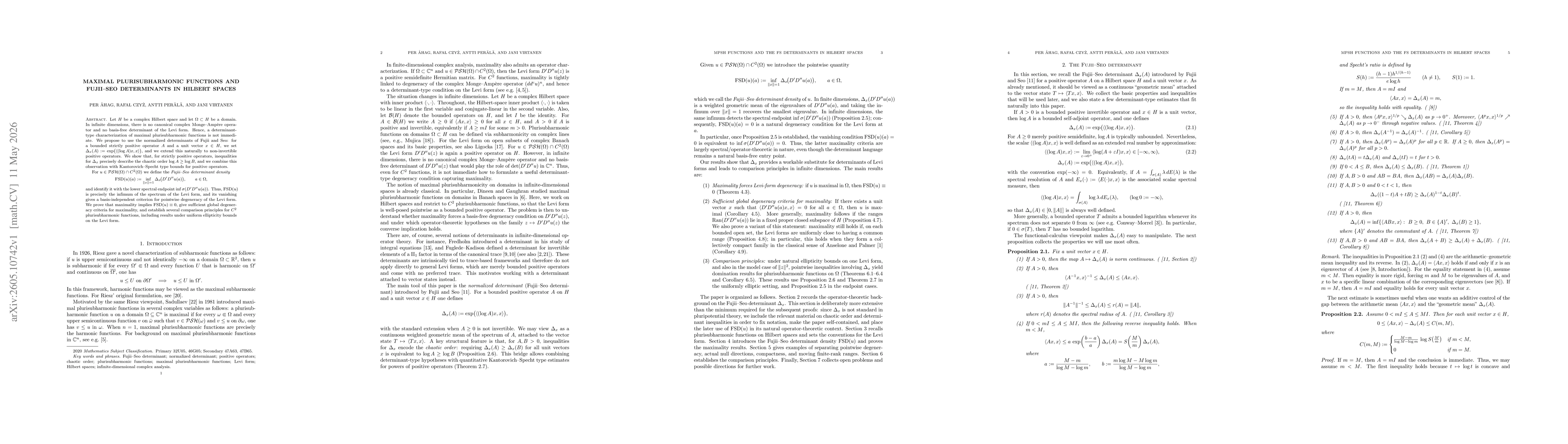 Thumbnail for Maximal Plurisubharmonic Functions and Fujii-Seo Determinants in Hilbert spaces