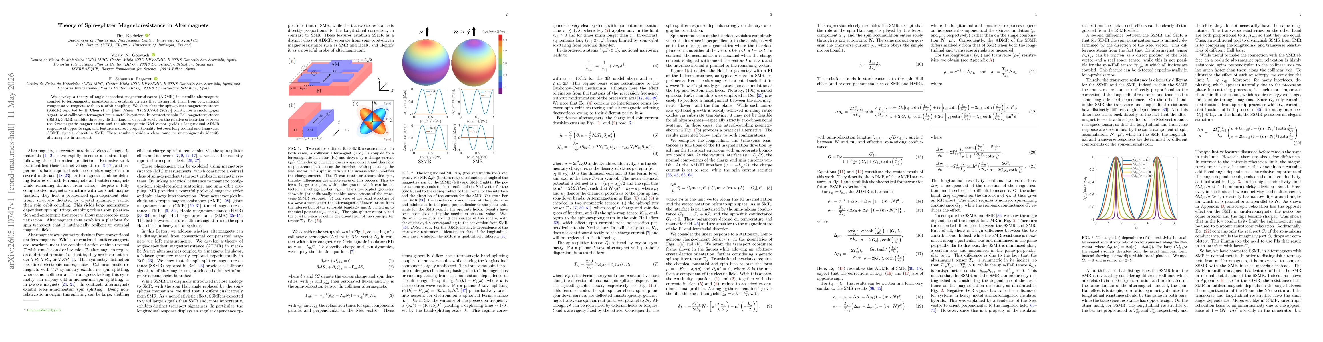 Thumbnail for Theory of Spin-splitter Magnetoresistance in Altermagnets