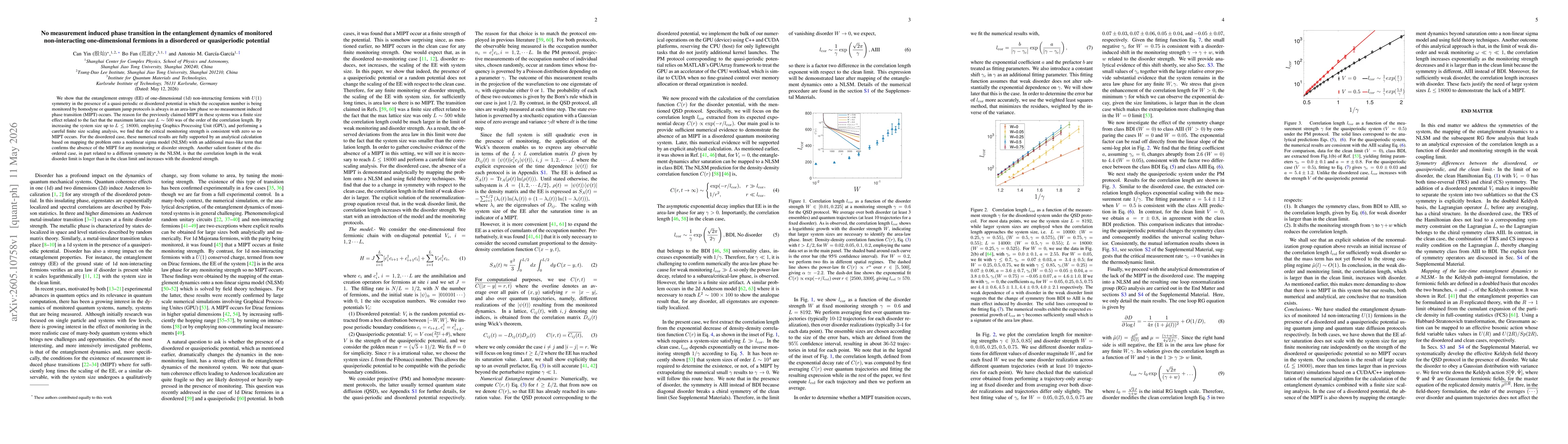 Thumbnail for No measurement induced phase transition in the entanglement dynamics of monitored non-interacting one-dimensional fermions in a disordered or quasiperiodic potential