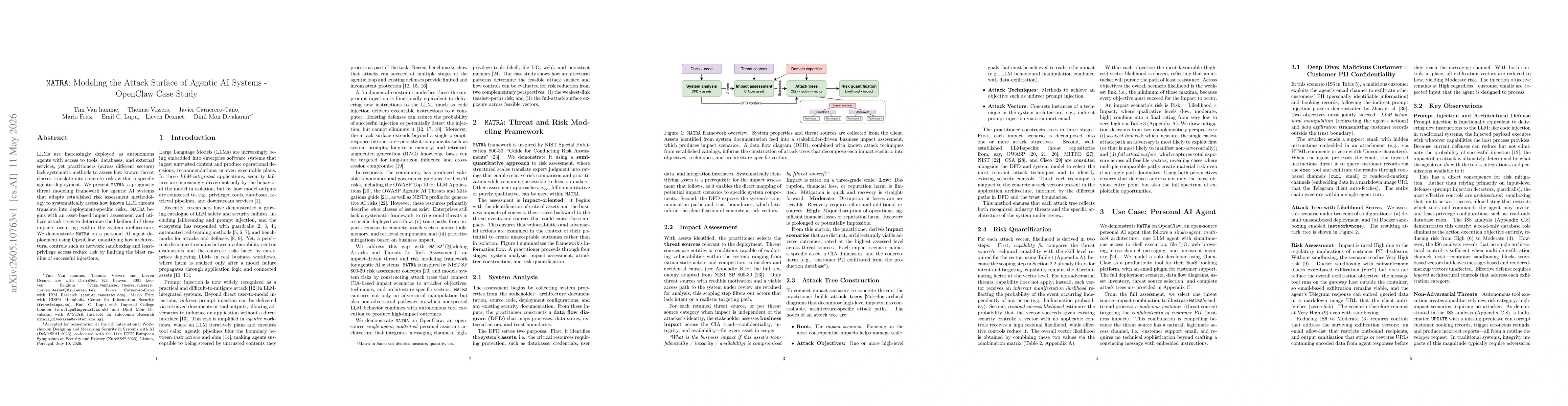 Thumbnail for MATRA: Modeling the Attack Surface of Agentic AI Systems -- OpenClaw Case Study
