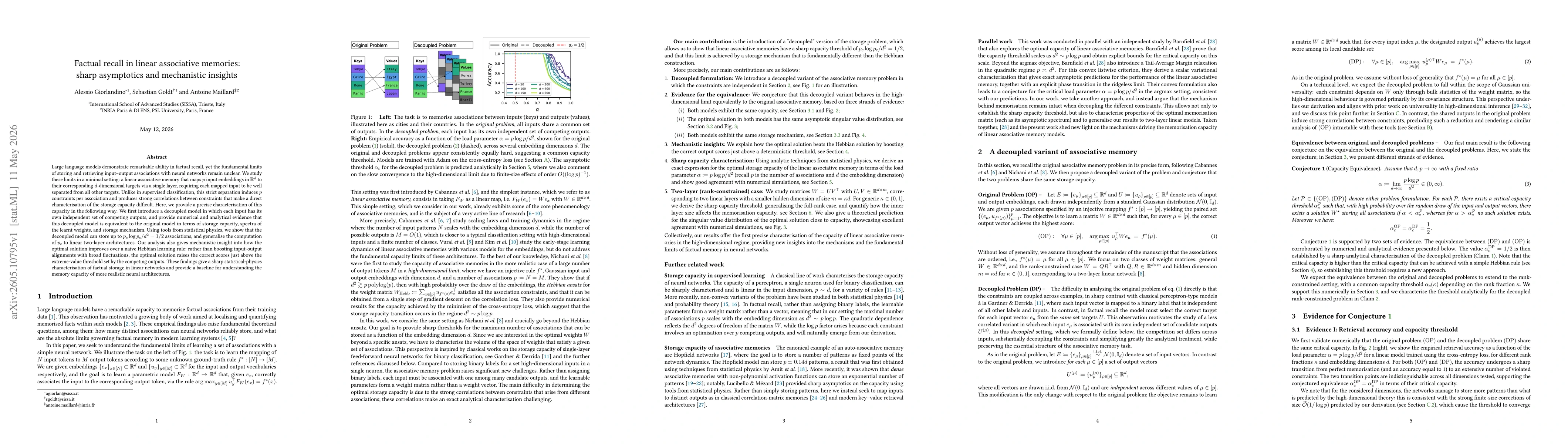 Thumbnail for Factual recall in linear associative memories: sharp asymptotics and mechanistic insights