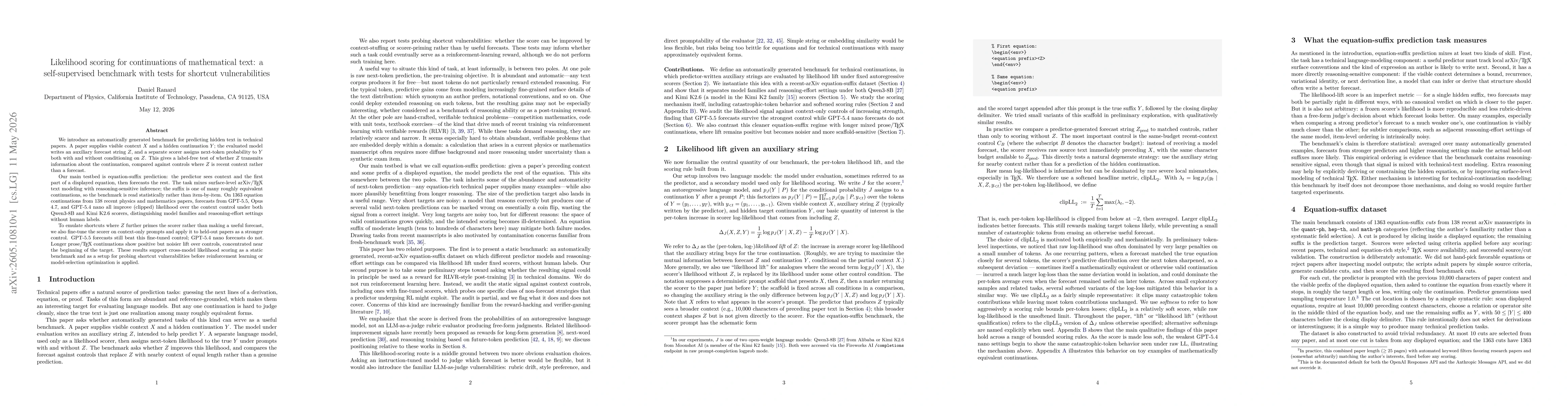 Thumbnail for Likelihood scoring for continuations of mathematical text: a self-supervised benchmark with tests for shortcut vulnerabilities