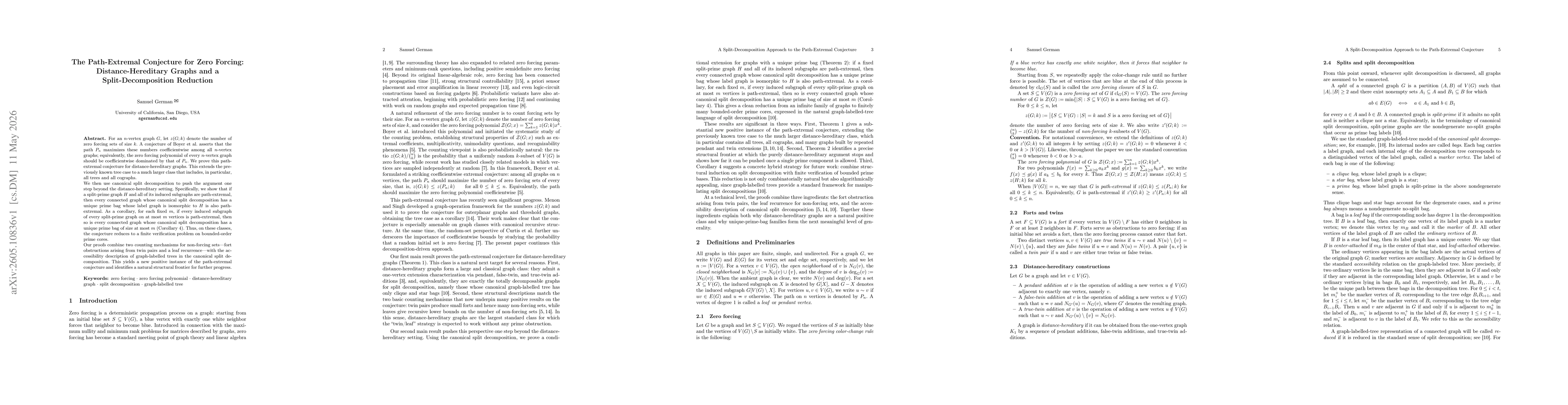 Thumbnail for The Path-Extremal Conjecture for Zero Forcing: Distance-Hereditary Graphs and a Split-Decomposition Reduction