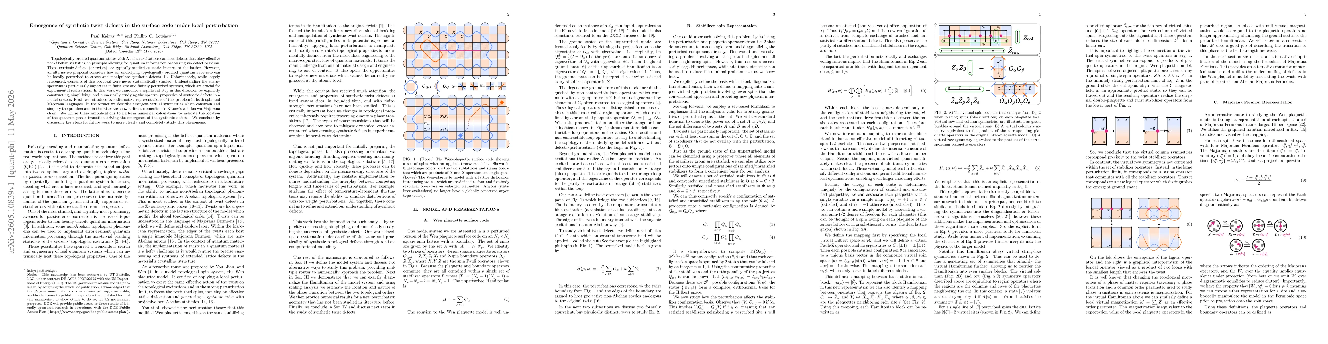 Thumbnail for Emergence of synthetic twist defects in the surface code under local perturbation