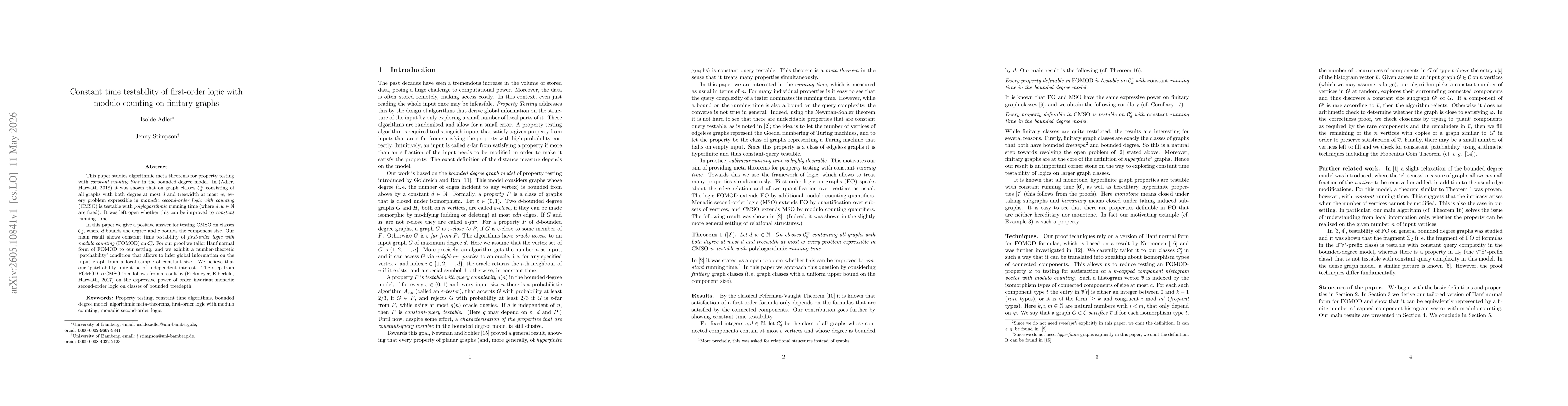 Thumbnail for Constant time testability of first-order logic with modulo counting on finitary graphs