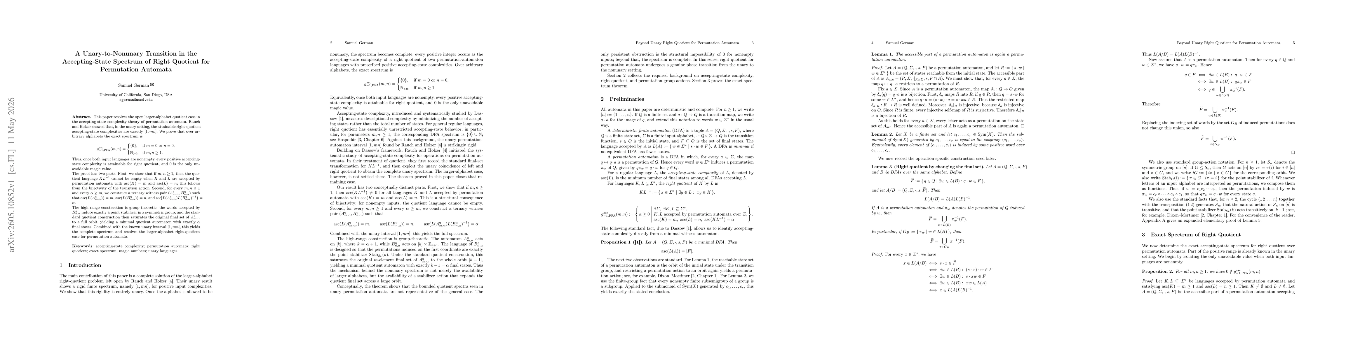 Thumbnail for A Unary-to-Nonunary Transition in the Accepting-State Spectrum of Right Quotient for Permutation Automata