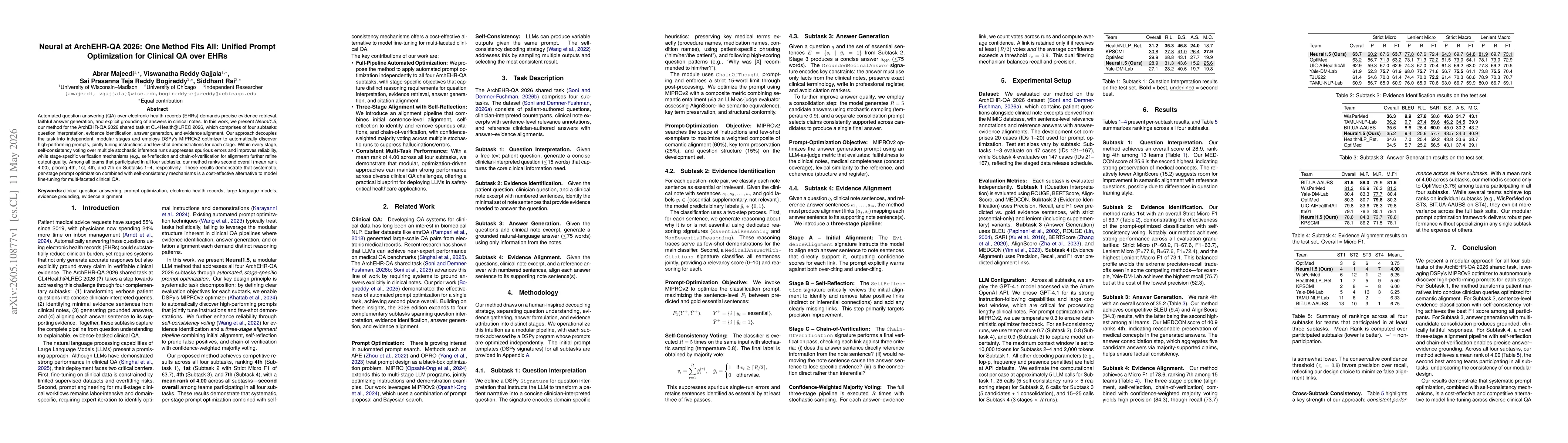 Thumbnail for Neural at ArchEHR-QA 2026: One Method Fits All: Unified Prompt Optimization for Clinical QA over EHRs
