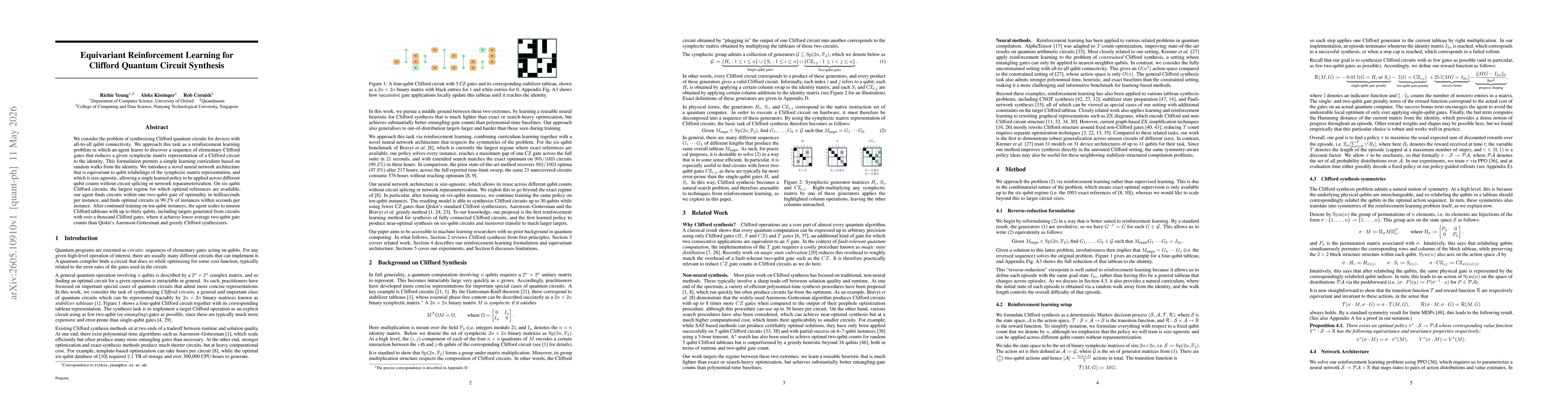 Thumbnail for Equivariant Reinforcement Learning for Clifford Quantum Circuit Synthesis