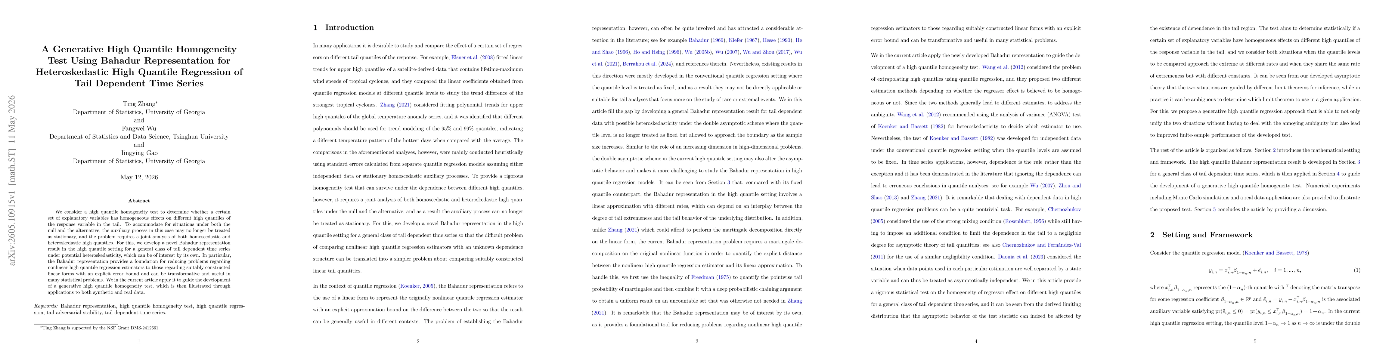 Thumbnail for A Generative High Quantile Homogeneity Test Using Bahadur Representation for Heteroskedastic High Quantile Regression of Tail Dependent Time Series