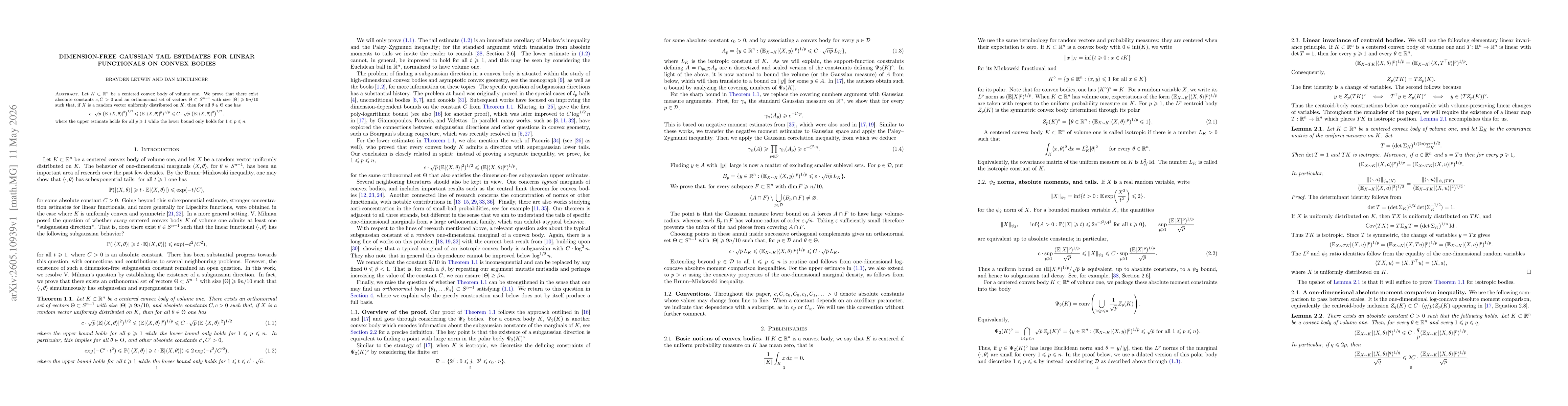 Thumbnail for Dimension-free Gaussian tail estimates for linear functionals on convex bodies