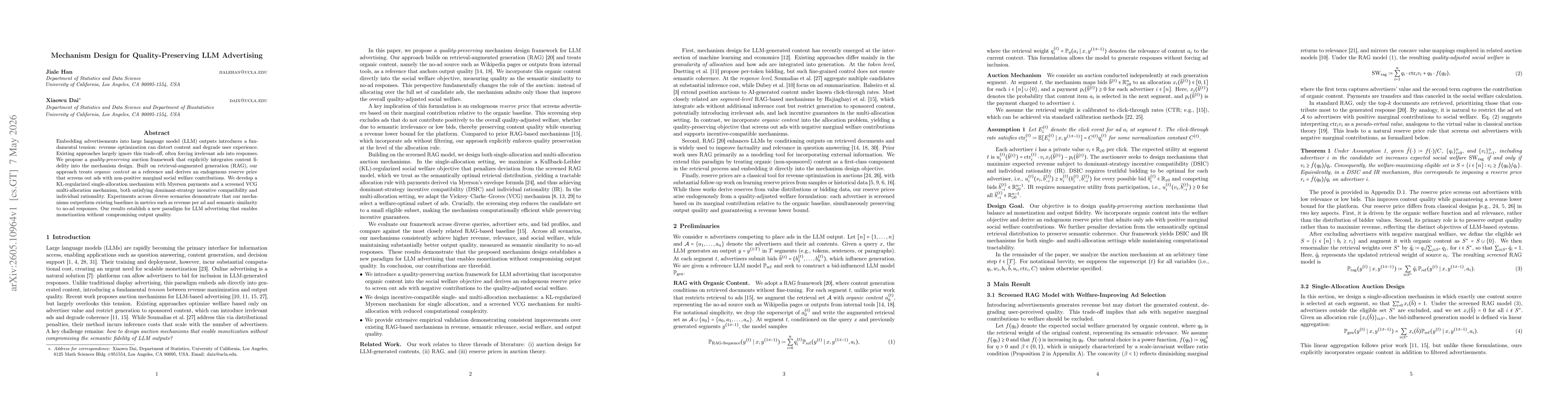 Thumbnail for Mechanism Design for Quality-Preserving LLM Advertising