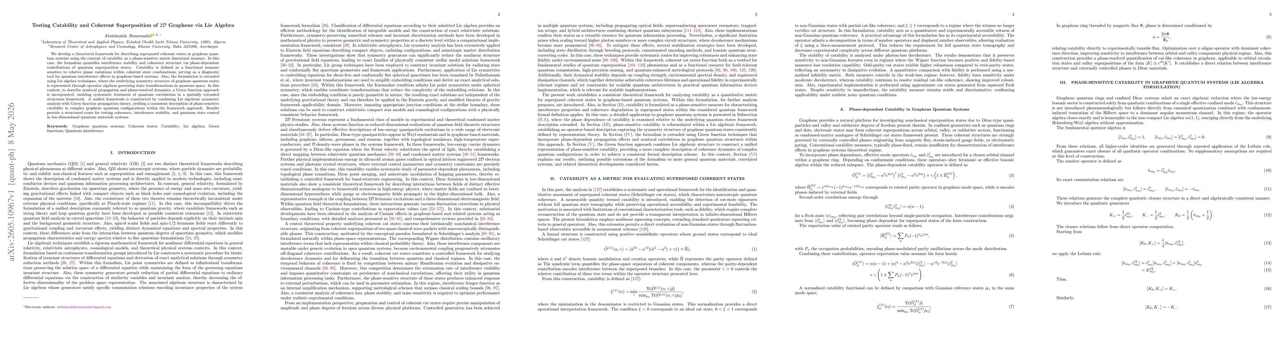 Thumbnail for Testing Catability and Coherent Superposition of $2\mathcal{D}$ Graphene via Lie Algebra
