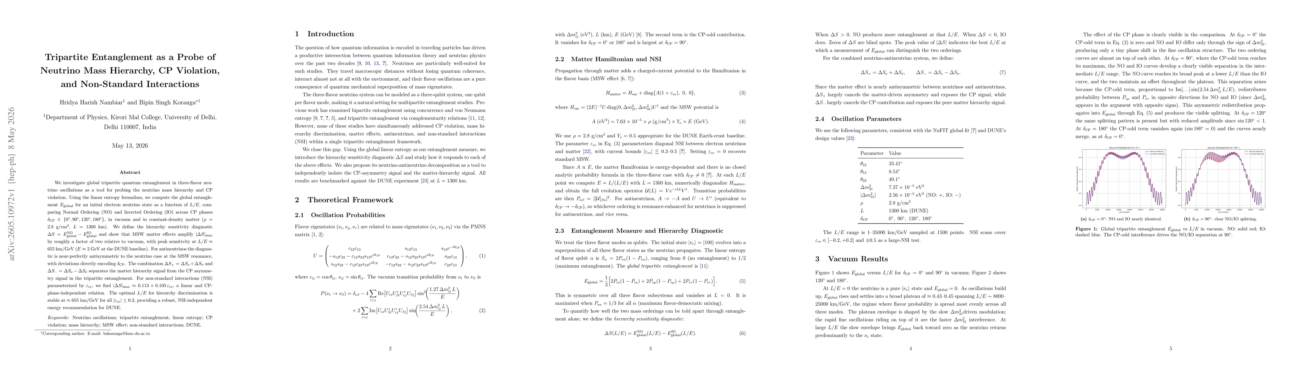 Thumbnail for Tripartite Entanglement as a Probe of Neutrino Mass Hierarchy, CP Violation, and Non-Standard Interactions