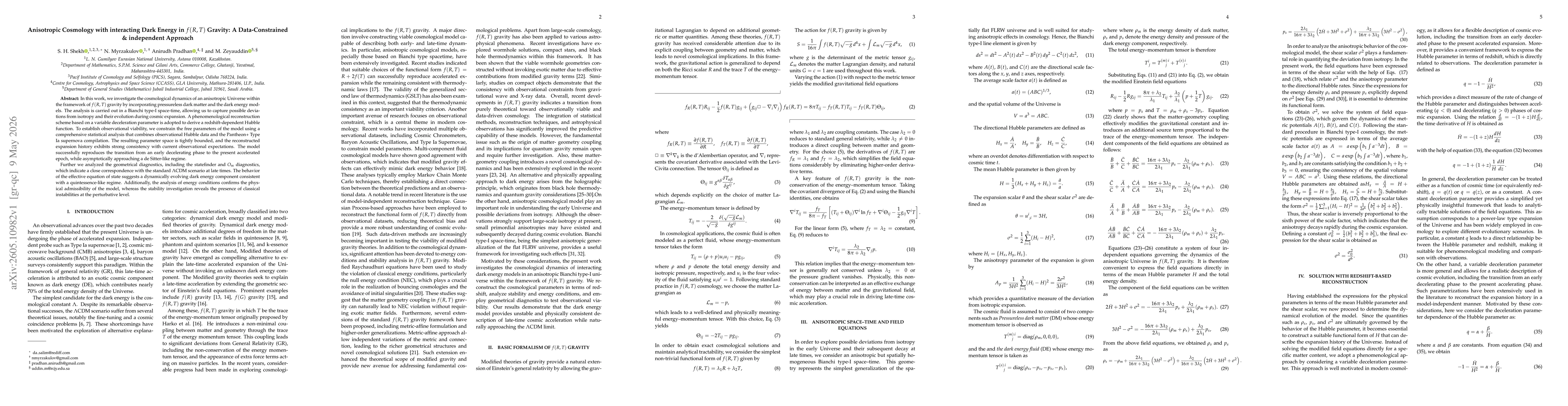 Thumbnail for Anisotropic Cosmology with interacting Dark Energy in f(R,T) Gravity: A Data-Constrained & independent Approach