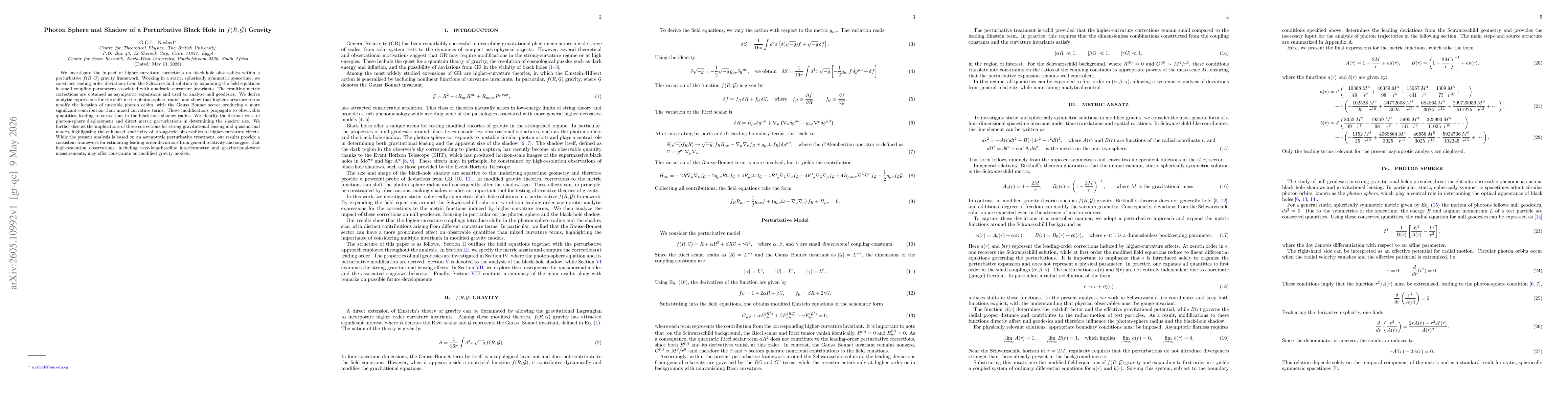Thumbnail for Photon Sphere and Shadow of a Perturbative Black Hole in $f(R,\mathcal{G})$ Gravity