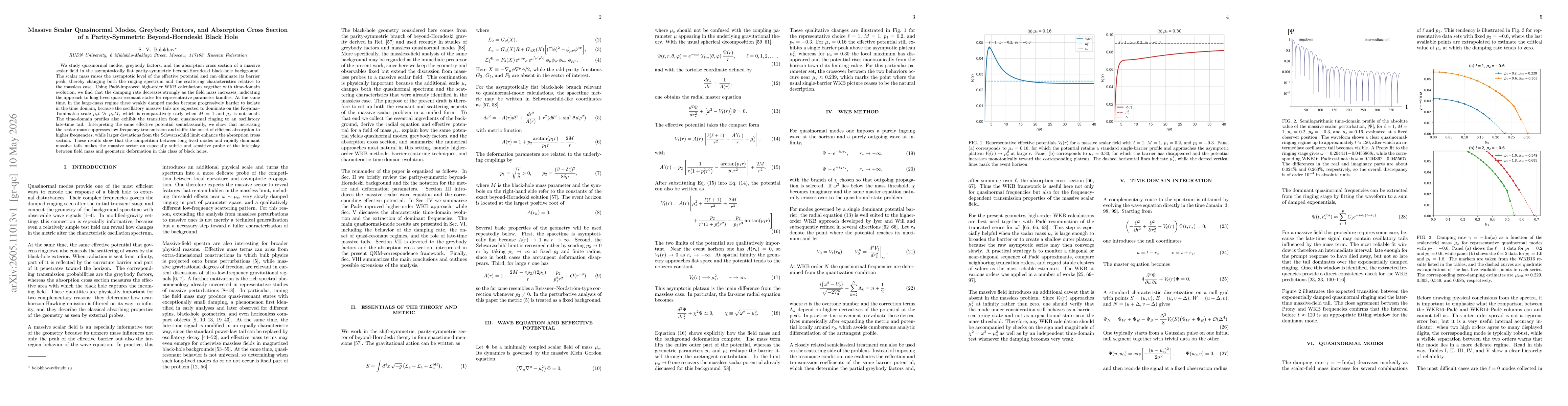 Thumbnail for Massive Scalar Quasinormal Modes, Greybody Factors, and Absorption Cross Section of a Parity-Symmetric Beyond-Horndeski Black Hole