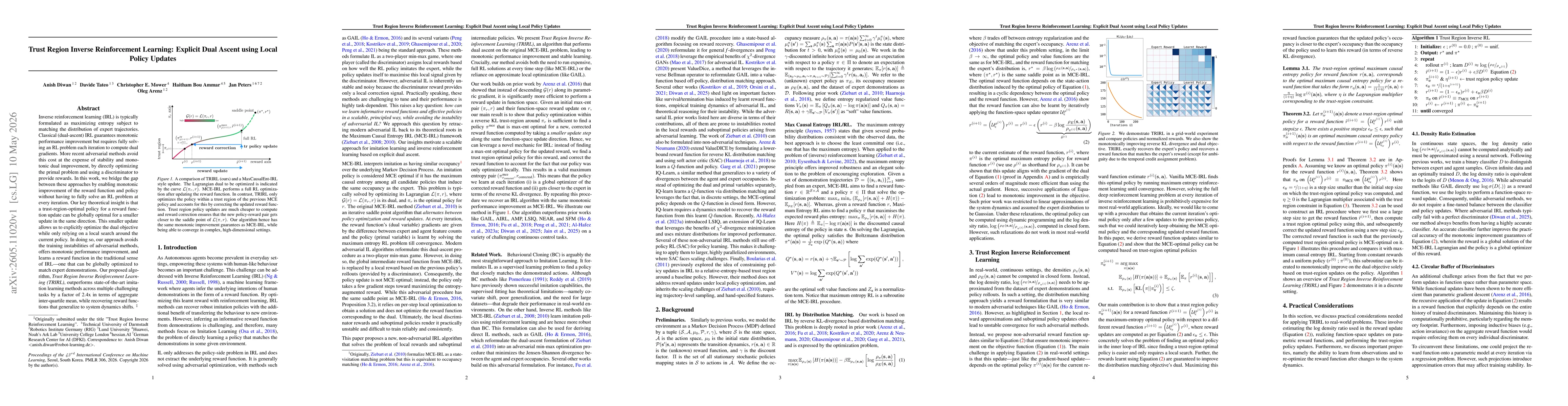 Thumbnail for Trust Region Inverse Reinforcement Learning: Explicit Dual Ascent using Local Policy Updates