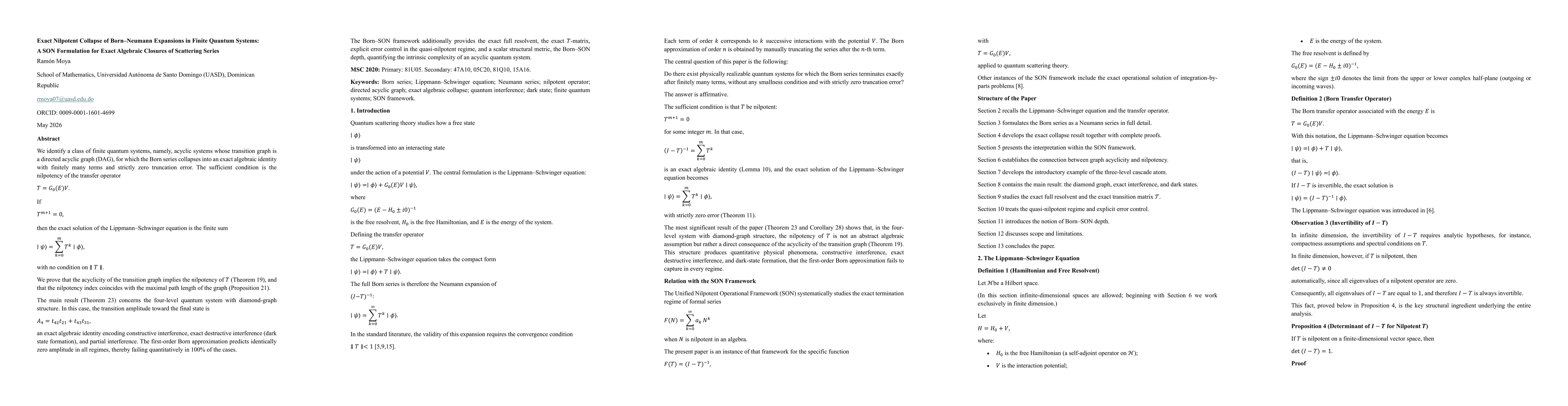 Thumbnail for Exact Nilpotent Collapse of Born-Neumann Expansions in Finite Quantum Systems: A SON Formulation for Exact Algebraic Closures of Scattering Series