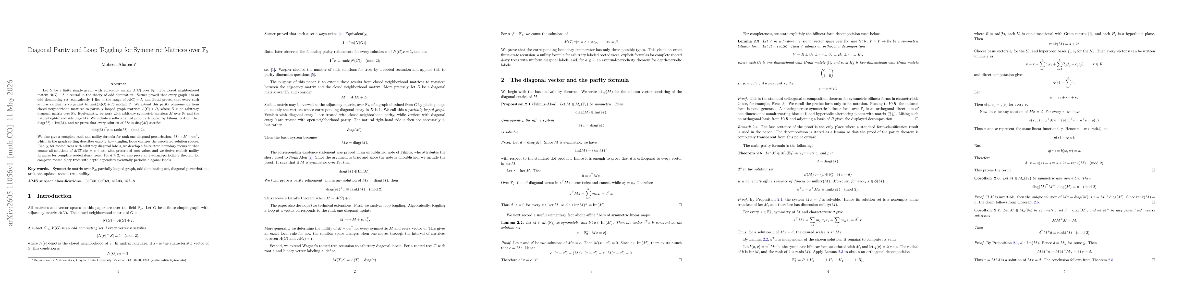 Thumbnail for Diagonal parity and loop toggling for symmetric matrices over $\mathbb F_2$