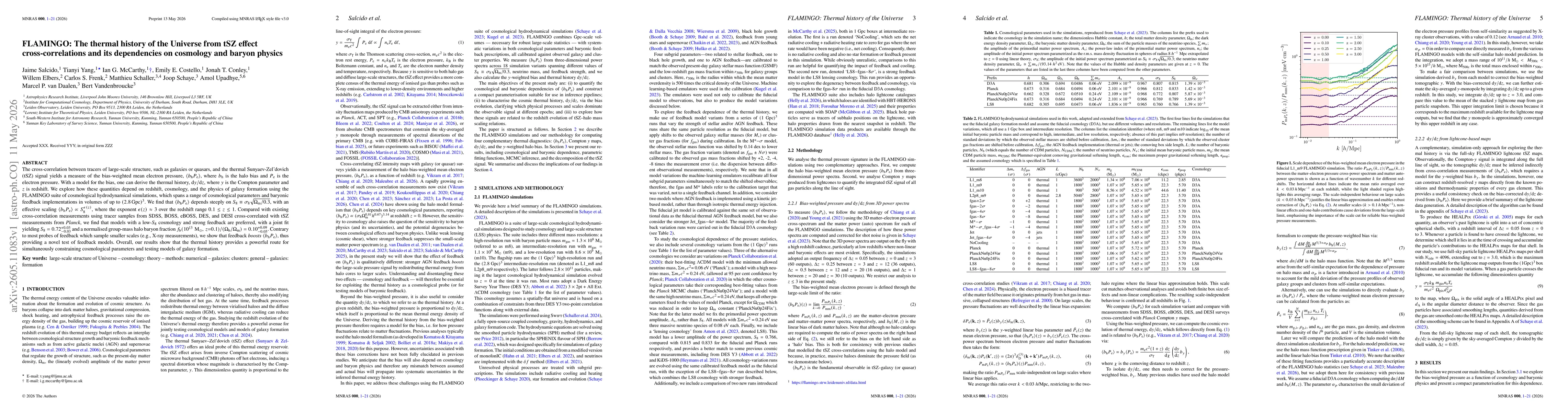 Thumbnail for FLAMINGO: The thermal history of the Universe from tSZ effect cross-correlations and its dependencies on cosmology and baryon physics