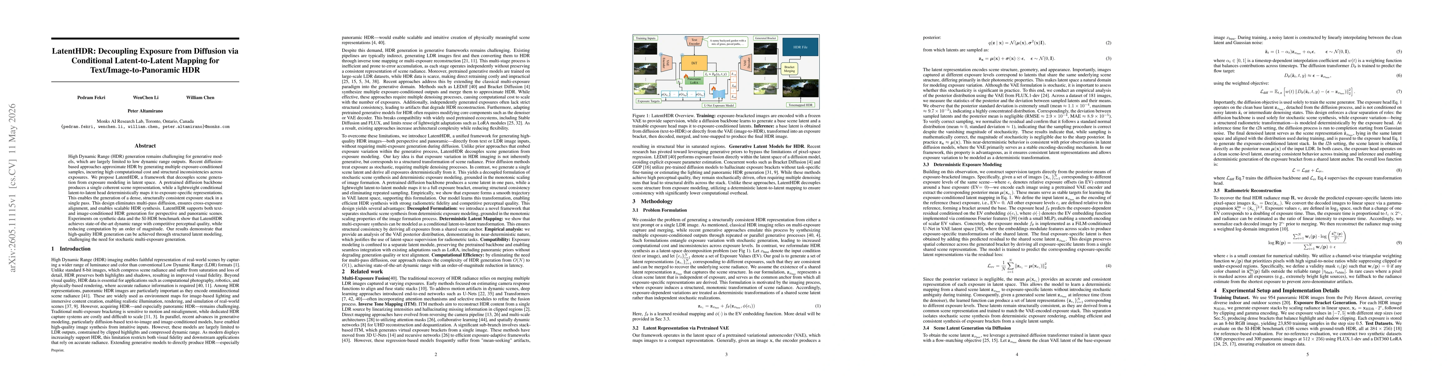 Thumbnail for LatentHDR: Decoupling Exposure from Diffusion via Conditional Latent-to-Latent Mapping for Text/Image-to-Panoramic HDR