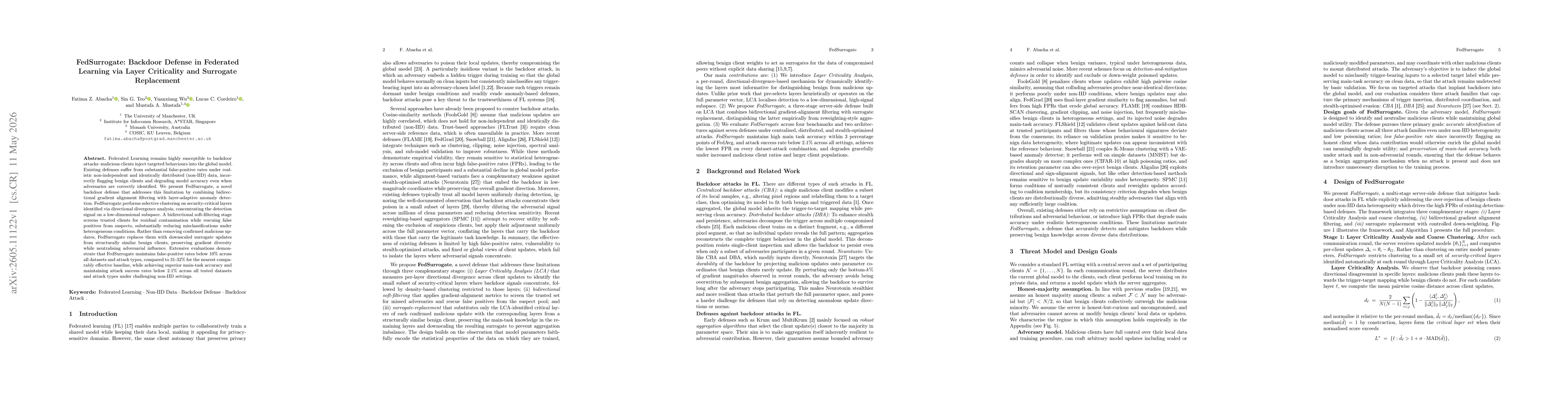 Thumbnail for FedSurrogate: Backdoor Defense in Federated Learning via Layer Criticality and Surrogate Replacement