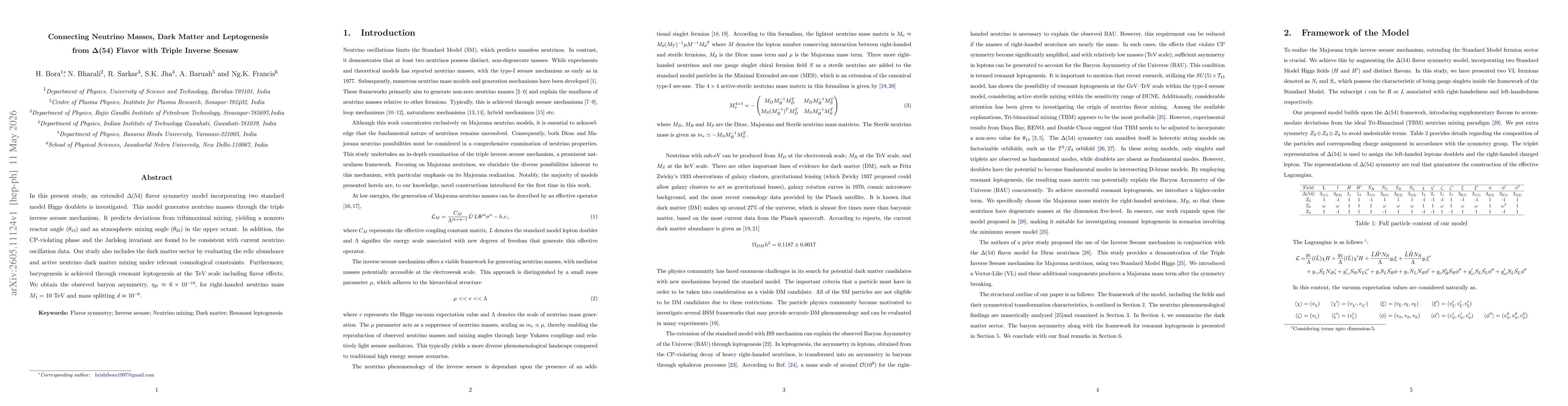 Thumbnail for Connecting Neutrino Masses, Dark Matter and Leptogenesis from $Δ(54)$ Flavor with Triple Inverse Seesaw