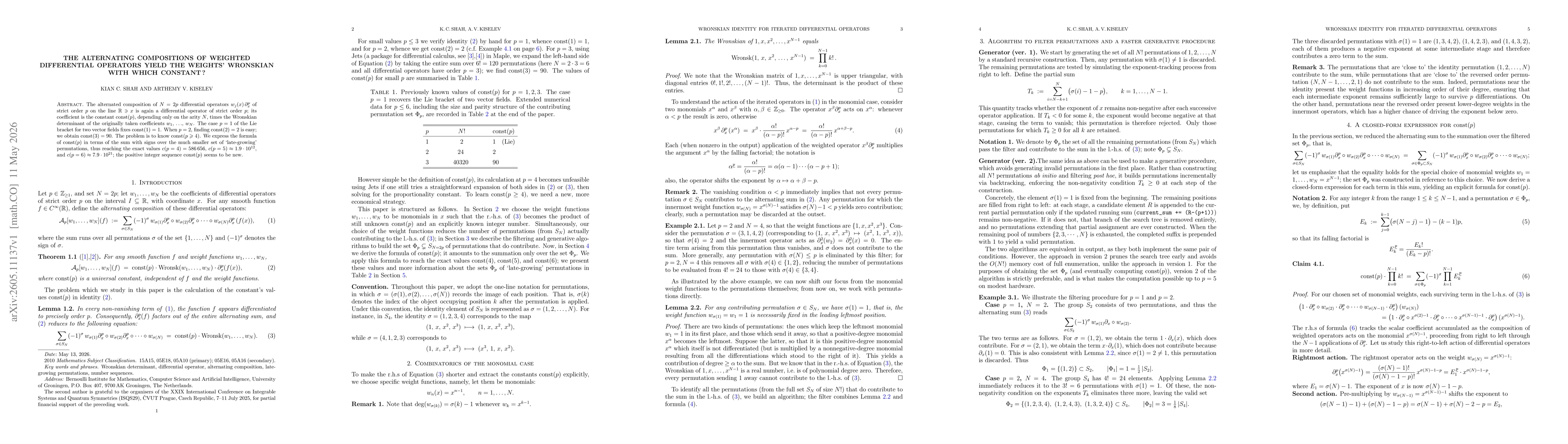 Thumbnail for The Alternating Compositions of Weighted Differential Operators Yield The Weights' Wronskian With Which Constant?