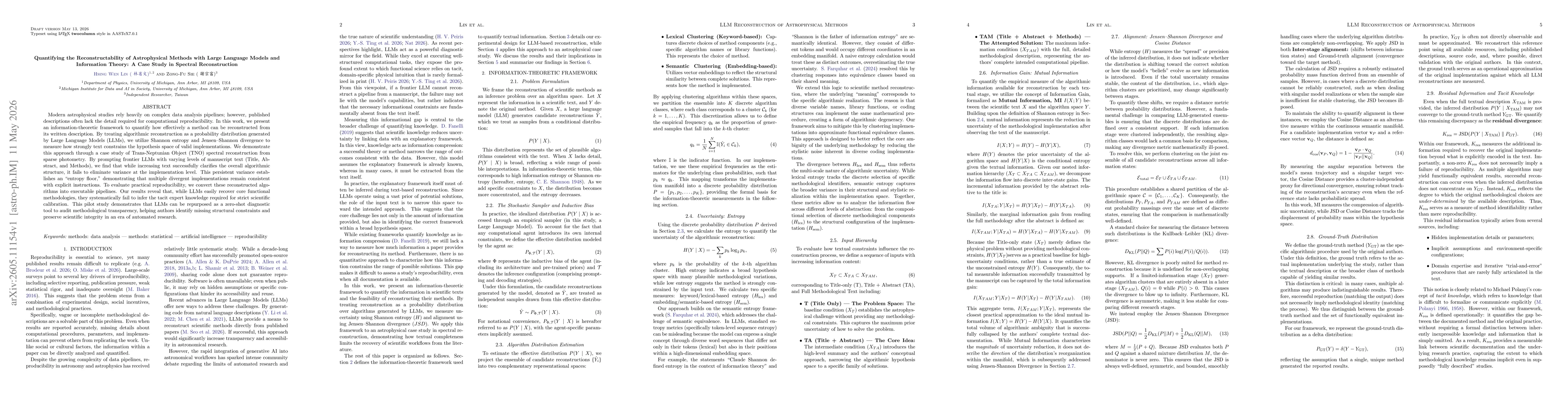 Thumbnail for Quantifying the Reconstructability of Astrophysical Methods with Large Language Models and Information Theory: A Case Study in Spectral Reconstruction