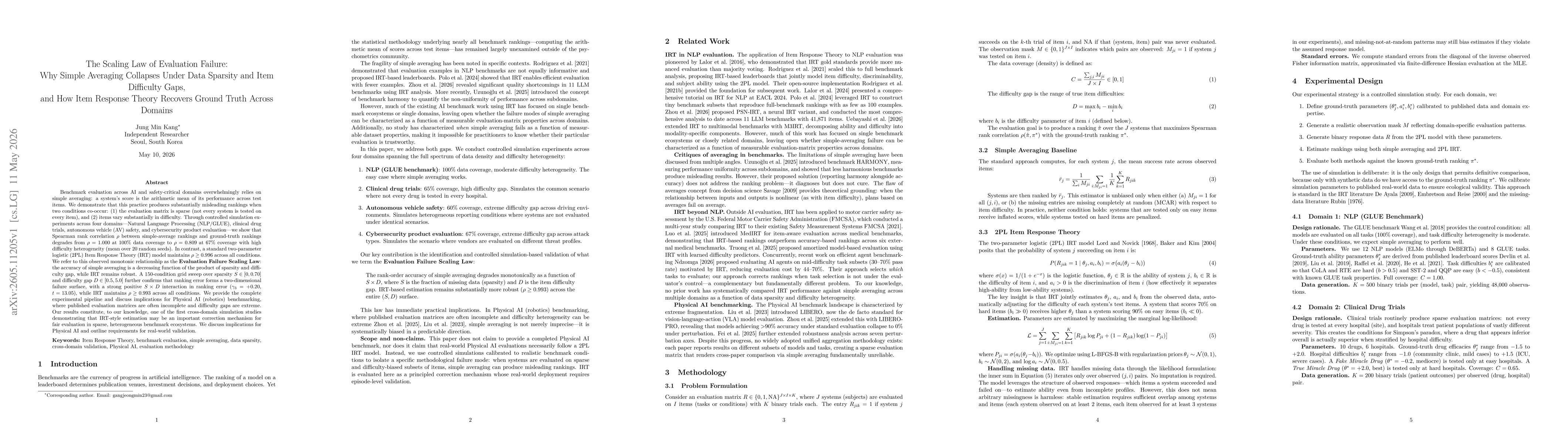 Thumbnail for The Scaling Law of Evaluation Failure: Why Simple Averaging Collapses Under Data Sparsity and Item Difficulty Gaps, and How Item Response Theory Recovers Ground Truth Across Domains