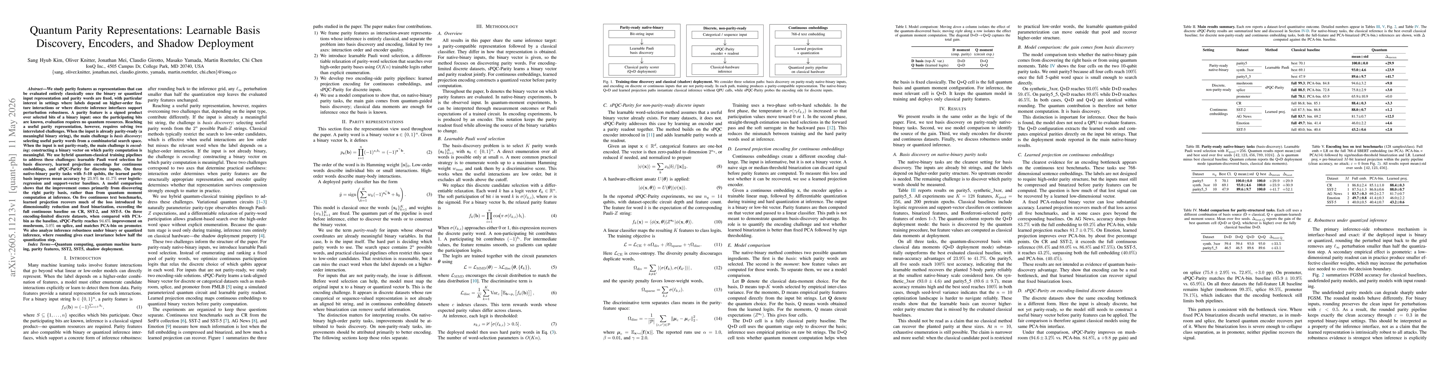 Thumbnail for Quantum Parity Representations: Learnable Basis Discovery, Encoders, and Shadow Deployment