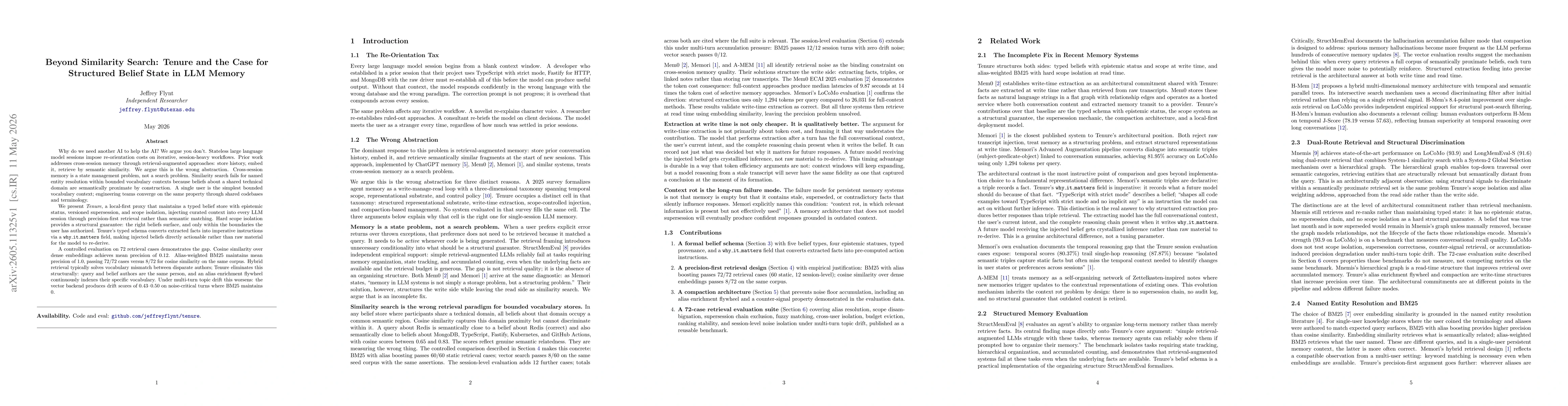 Thumbnail for Beyond Similarity Search: Tenure and the Case for Structured Belief State in LLM Memory